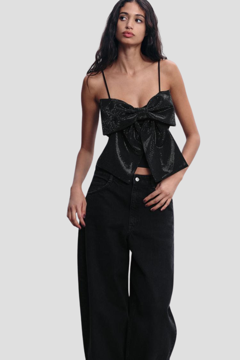 Cirellaine Party Top | Black Glitter Bow Strap Top for Women