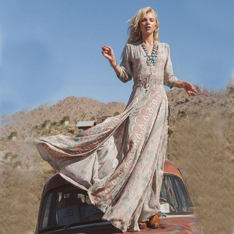 Celithra Maxi Dress | Boho Paisley V-Neck Dress with 3/4 Sleeves and Front Slit