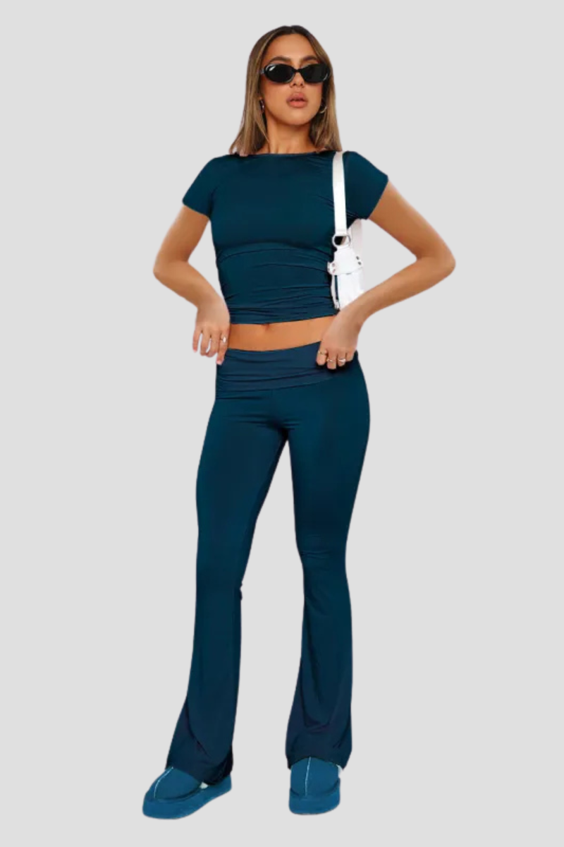 Curayna Two-Piece Set | Ribbed Short and Long Sleeve Crop Top and Flared Pants Outfit