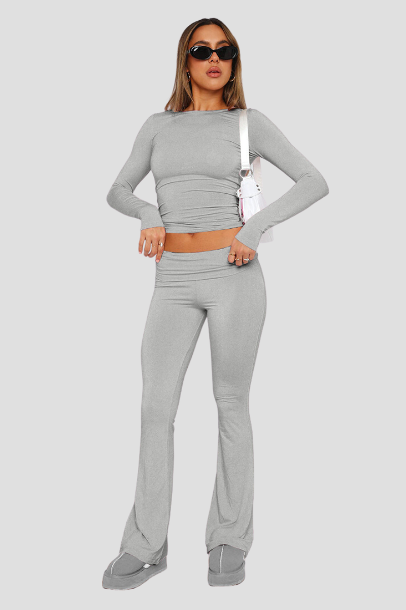 Curayna Two-Piece Set | Ribbed Short and Long Sleeve Crop Top and Flared Pants Outfit