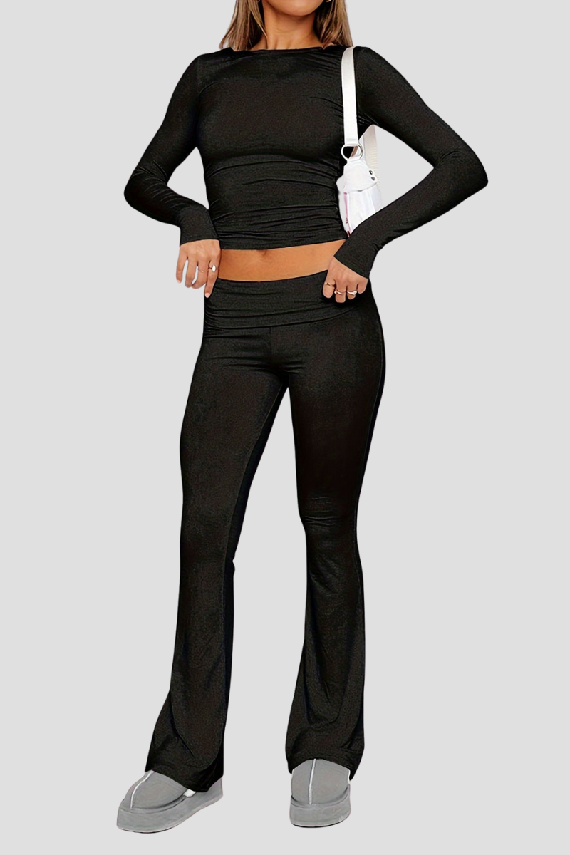 Curayna Two-Piece Set | Ribbed Short and Long Sleeve Crop Top and Flared Pants Outfit