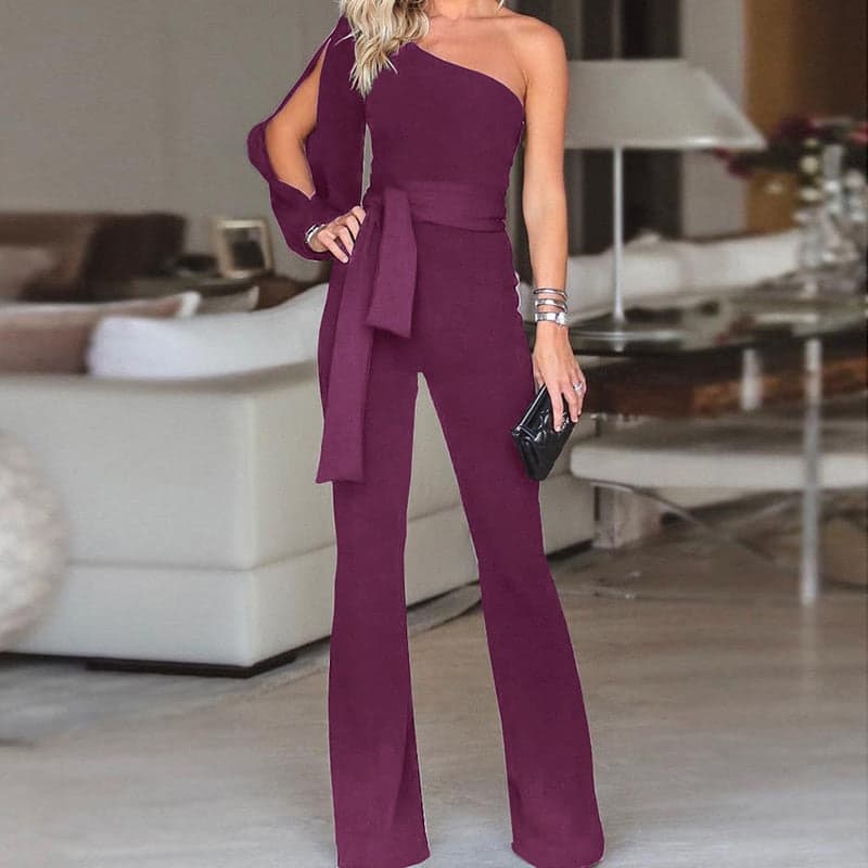 Dymira Jumpsuit | One-Shoulder Black Belted Wide-Leg Jumpsuit for Women