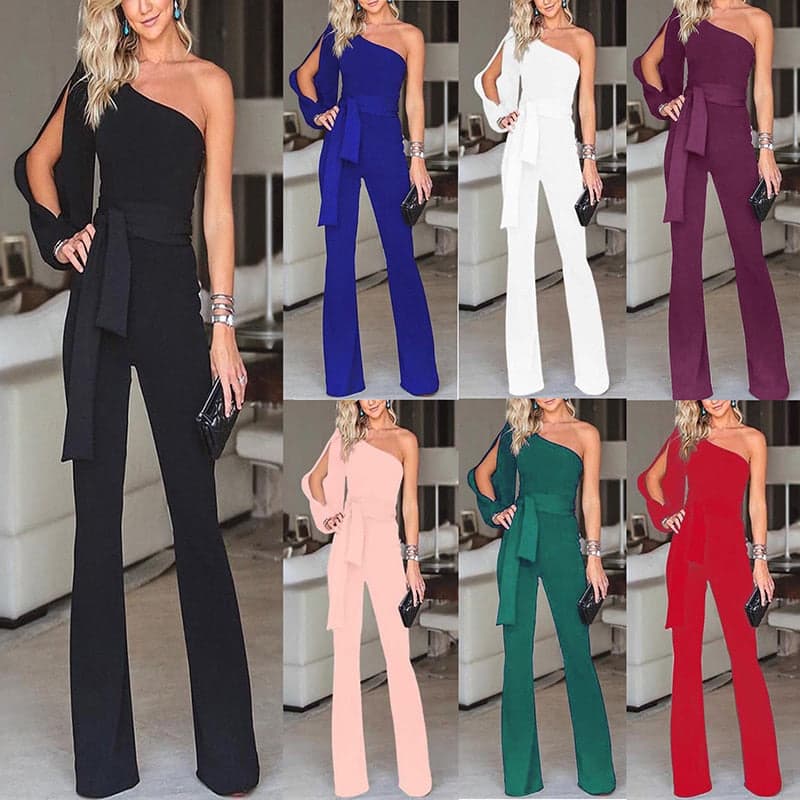 Dymira Jumpsuit | One-Shoulder Black Belted Wide-Leg Jumpsuit for Women
