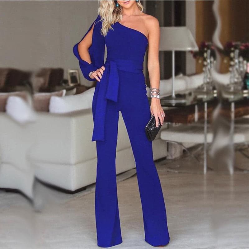 Dymira Jumpsuit | One-Shoulder Black Belted Wide-Leg Jumpsuit for Women