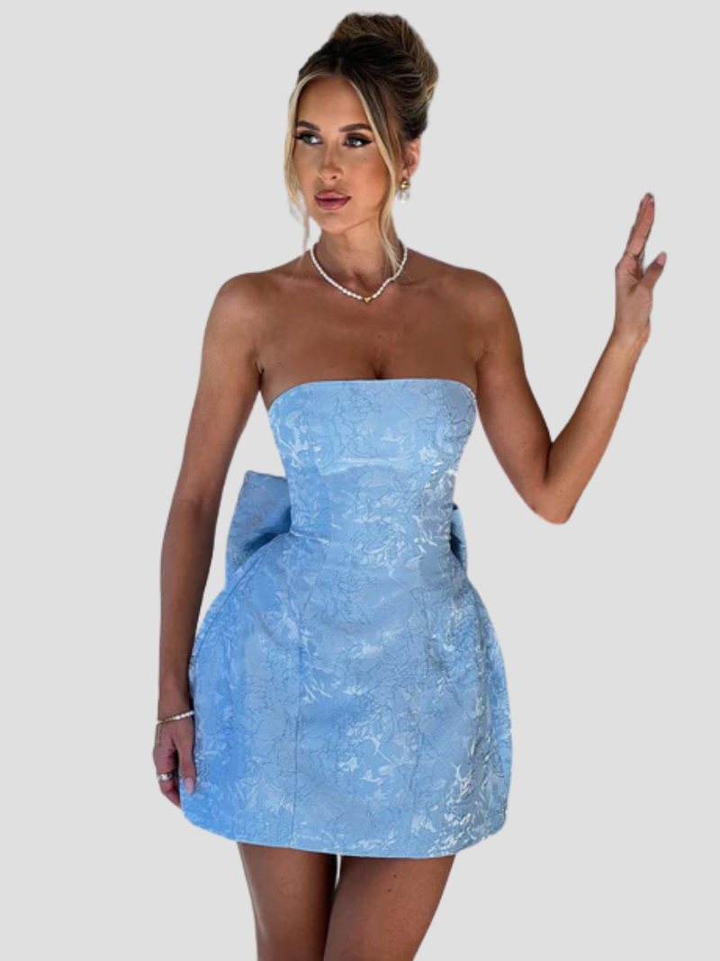 Calinor Mini Dress | Pink Strapless Jacquard Dress with Back Bow