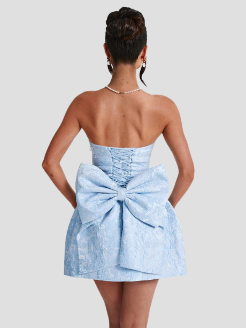 Calinor Mini Dress | Pink Strapless Jacquard Dress with Back Bow