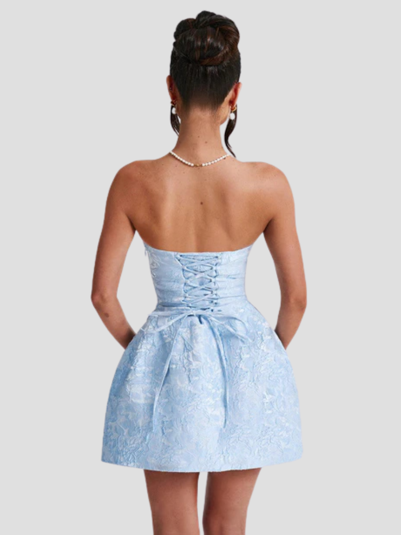 Calinor Mini Dress | Pink Strapless Jacquard Dress with Back Bow
