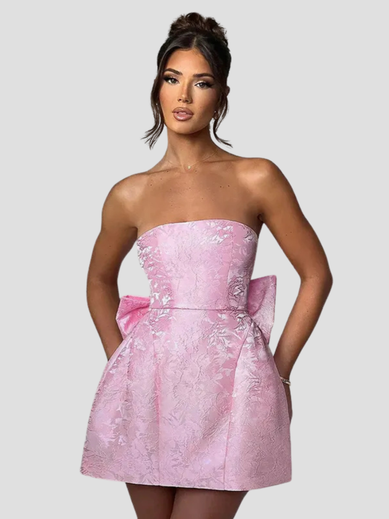 Calinor Mini Dress | Pink Strapless Jacquard Dress with Back Bow