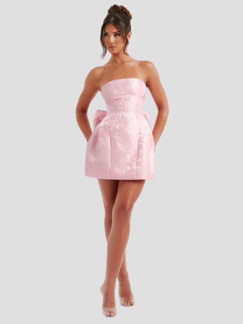 Calinor Mini Dress | Pink Strapless Jacquard Dress with Back Bow