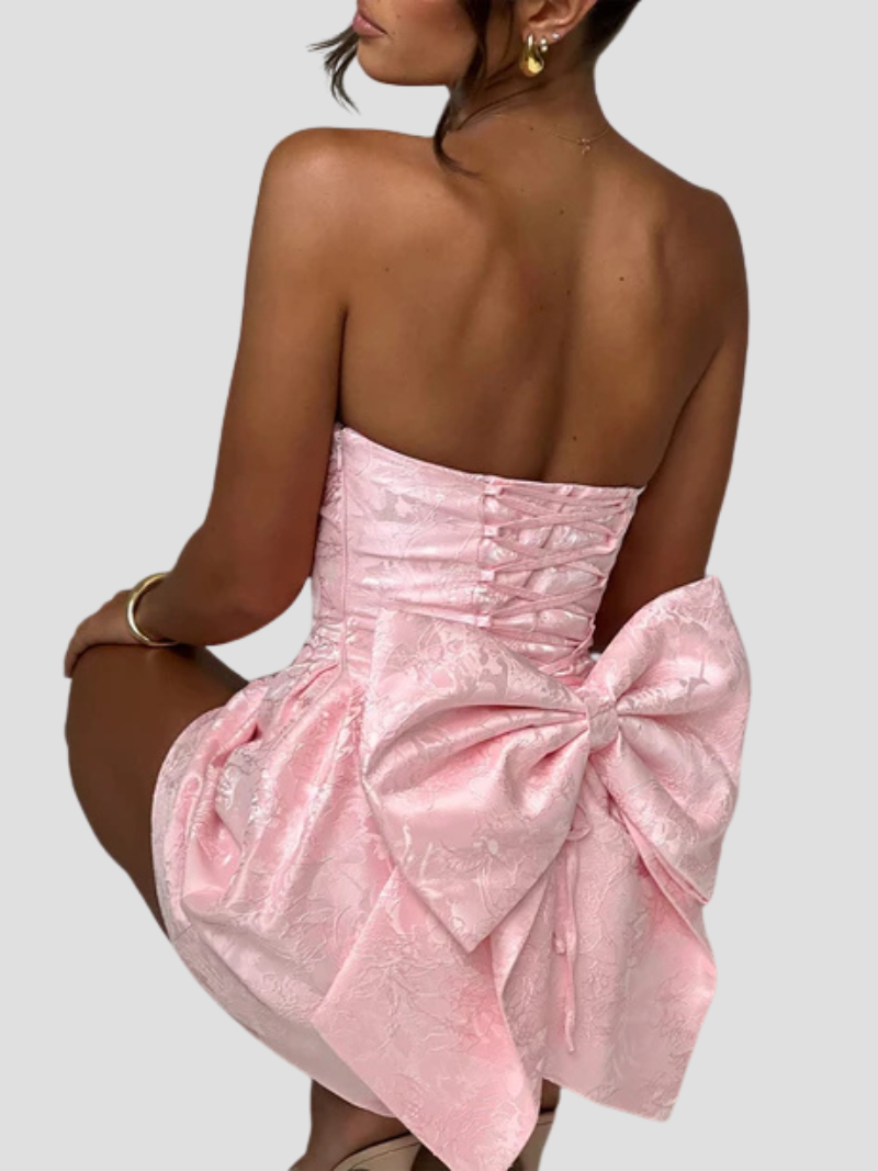 Calinor Mini Dress | Pink Strapless Jacquard Dress with Back Bow