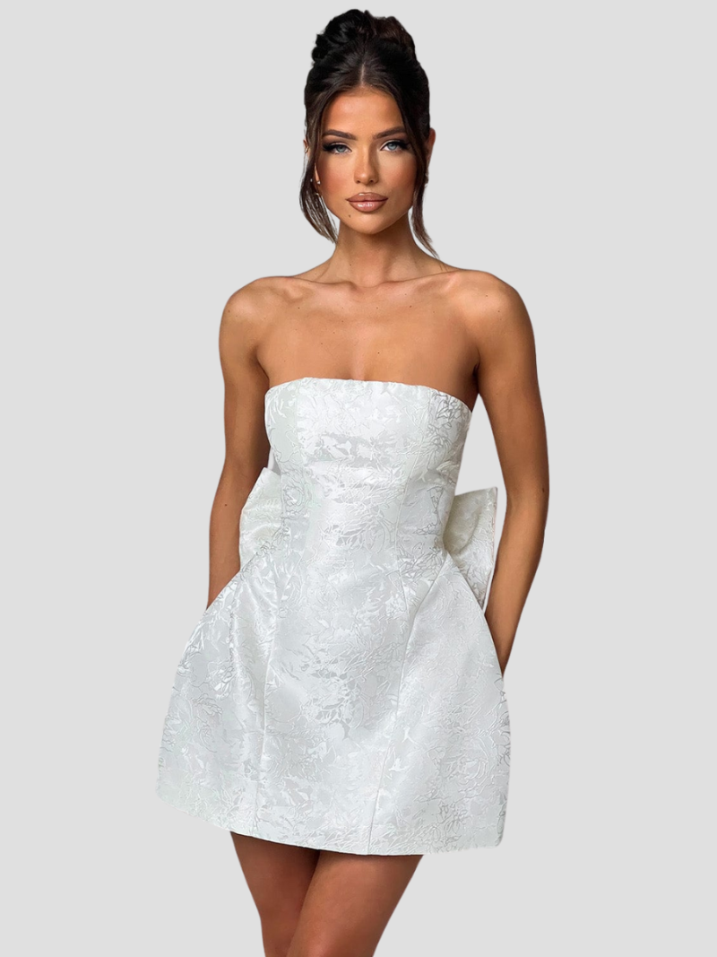 Calinor Mini Dress | Pink Strapless Jacquard Dress with Back Bow
