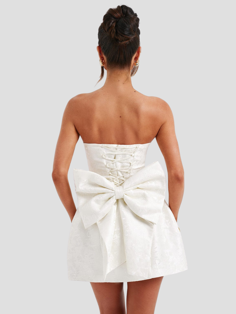 Calinor Mini Dress | Pink Strapless Jacquard Dress with Back Bow