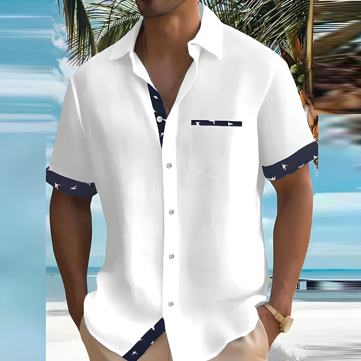 Enyara Shirt | Men’s Short-Sleeve Summer Shirt with Button-Down Front and Bird Print Trim
