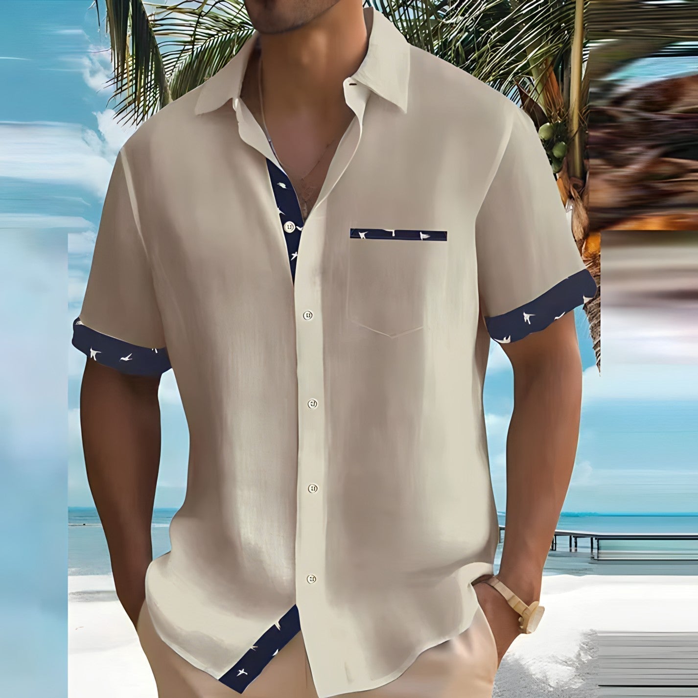 Enyara Shirt | Men’s Short-Sleeve Summer Shirt with Button-Down Front and Bird Print Trim