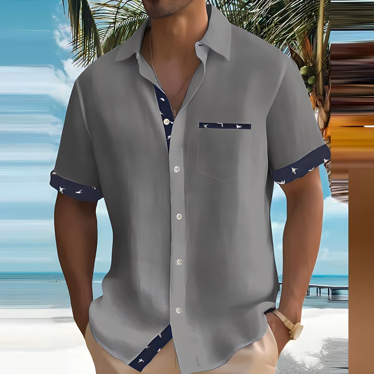 Enyara Shirt | Men’s Short-Sleeve Summer Shirt with Button-Down Front and Bird Print Trim