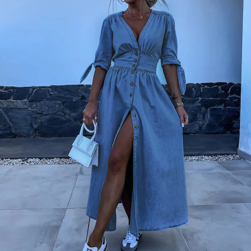 Dymella Dress | Denim Maxi Dress with Button-Down Front and Flattering Feminine Fit