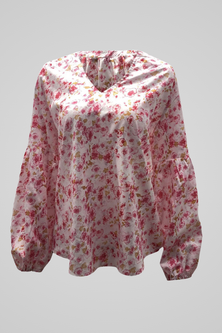 Cyravelle Blouse | Pink Floral V-Neck Long Sleeve Blouse for Women