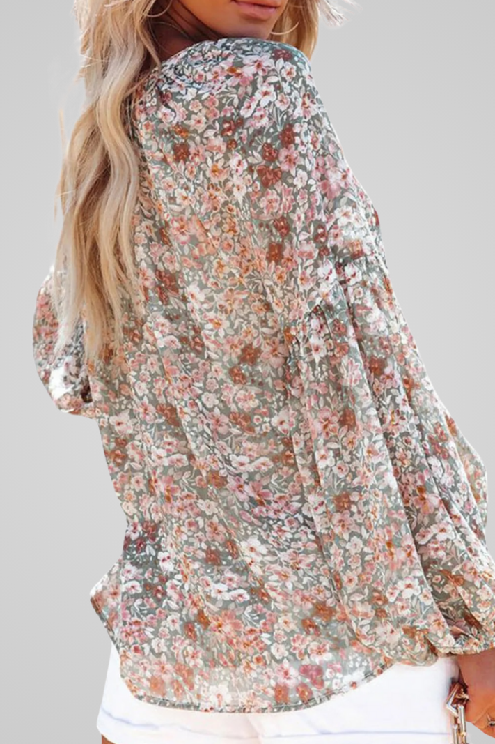 Cyravelle Blouse | Pink Floral V-Neck Long Sleeve Blouse for Women