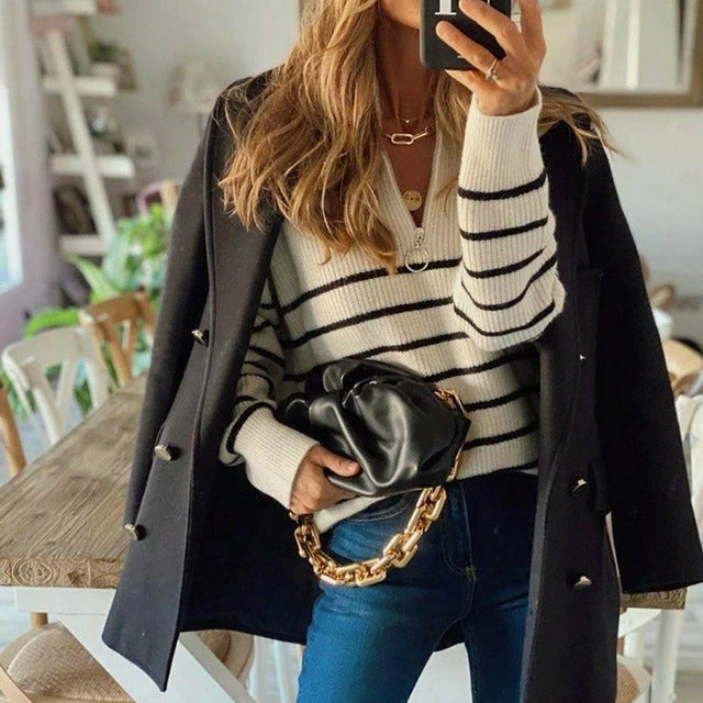 Natalia Jumper | Women's Autumn Striped Half-Zip Knitted Jumper