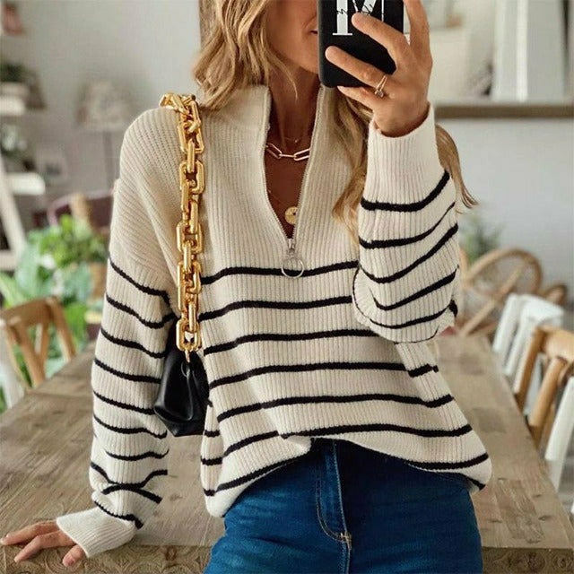 Natalia Jumper | Women's Autumn Striped Half-Zip Knitted Jumper
