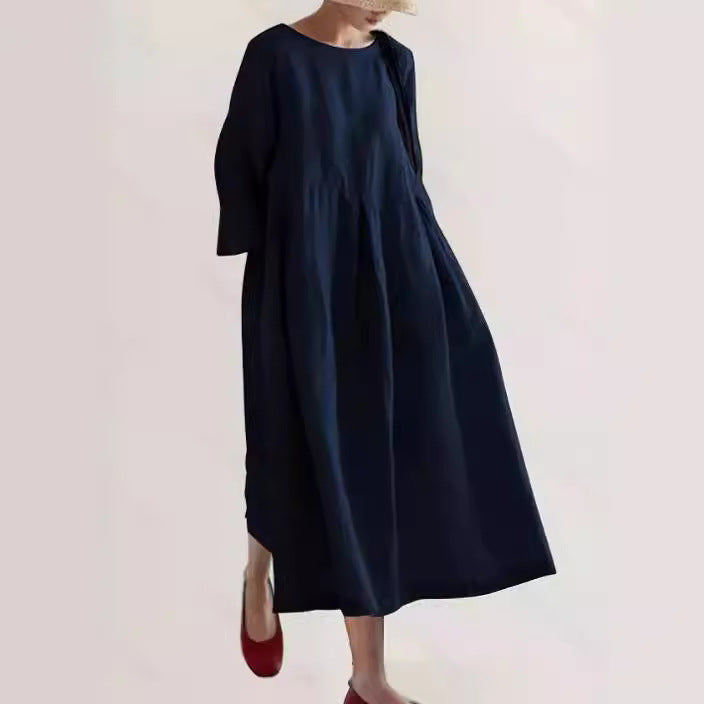 Dovena Dress | Loose-Fit Linen Maxi Dress with Long Sleeves and Minimalist Pleated Design