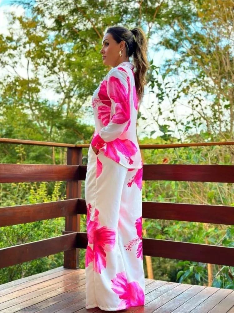Calithra Floral Set | Pink Hibiscus Print Two-Piece Outfit with Long Sleeves & Wide-Leg Pants