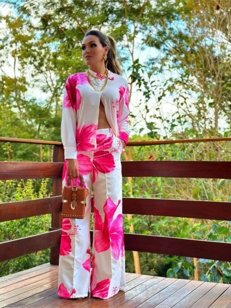 Calithra Floral Set | Pink Hibiscus Print Two-Piece Outfit with Long Sleeves & Wide-Leg Pants