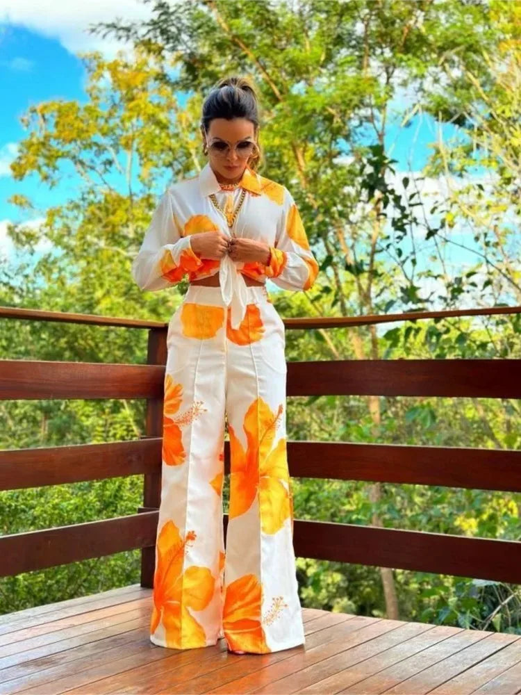 Calithra Floral Set | Pink Hibiscus Print Two-Piece Outfit with Long Sleeves & Wide-Leg Pants