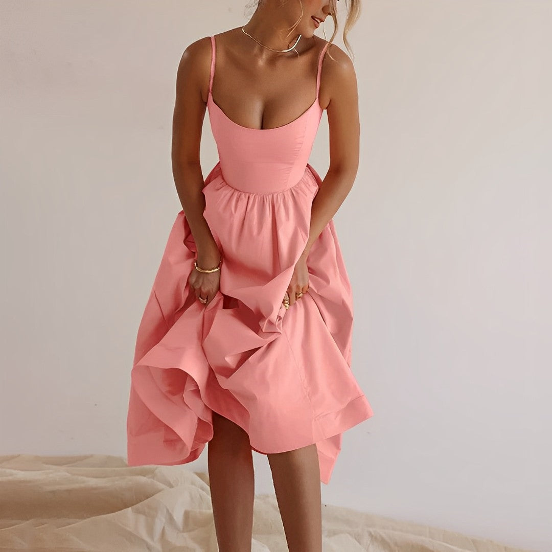 Clareth Midi Dress | Pink Spaghetti Strap A-Line Midi Dress with Fitted Bodice