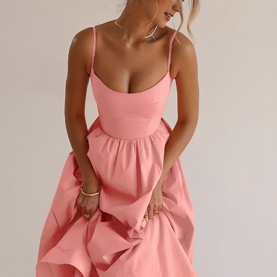 Clareth Midi Dress | Pink Spaghetti Strap A-Line Midi Dress with Fitted Bodice