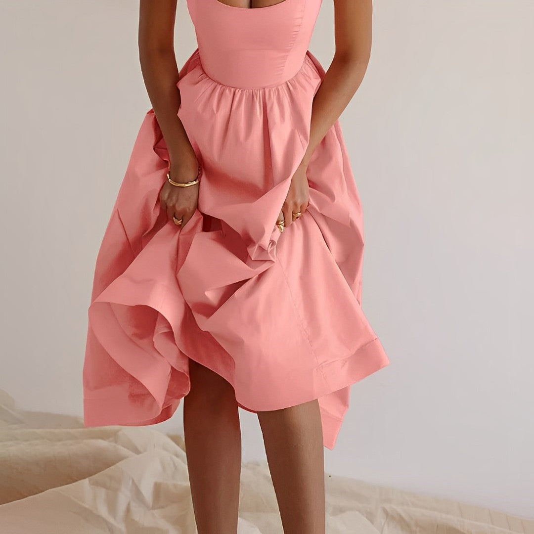 Clareth Midi Dress | Pink Spaghetti Strap A-Line Midi Dress with Fitted Bodice