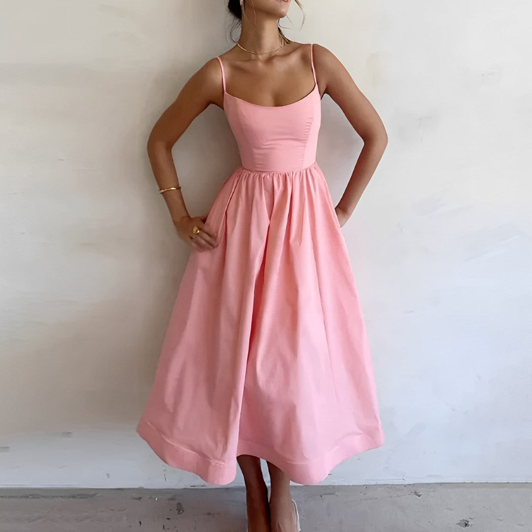 Clareth Midi Dress | Pink Spaghetti Strap A-Line Midi Dress with Fitted Bodice