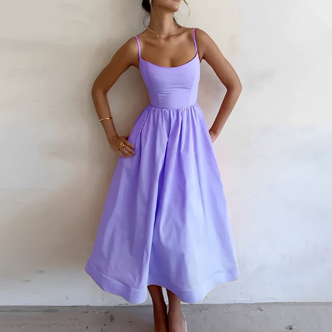 Clareth Midi Dress | Pink Spaghetti Strap A-Line Midi Dress with Fitted Bodice