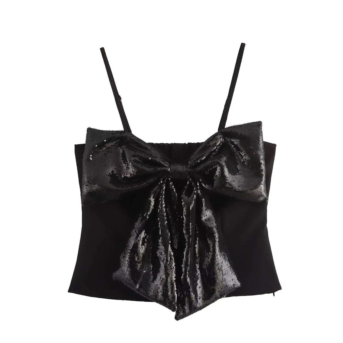 Cirellaine Party Top | Black Glitter Bow Strap Top for Women
