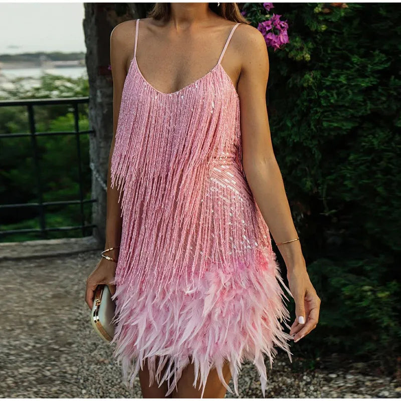 Catrinae Mini Dress | Gold Fringe and Feather Mini Party Dress with Spaghetti Straps