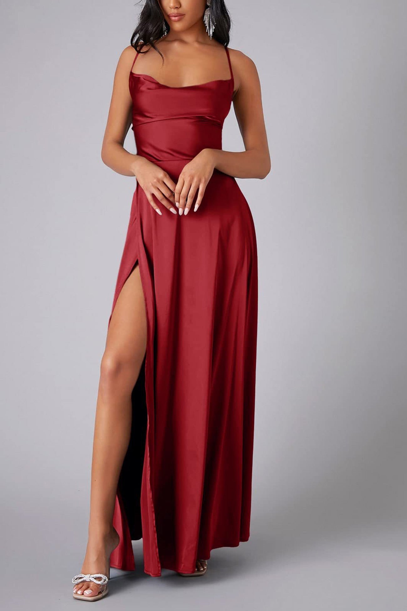 Dacelyn Satin Dress | Cowl Neck Spaghetti Strap Maxi Dress with Thigh-High Slit