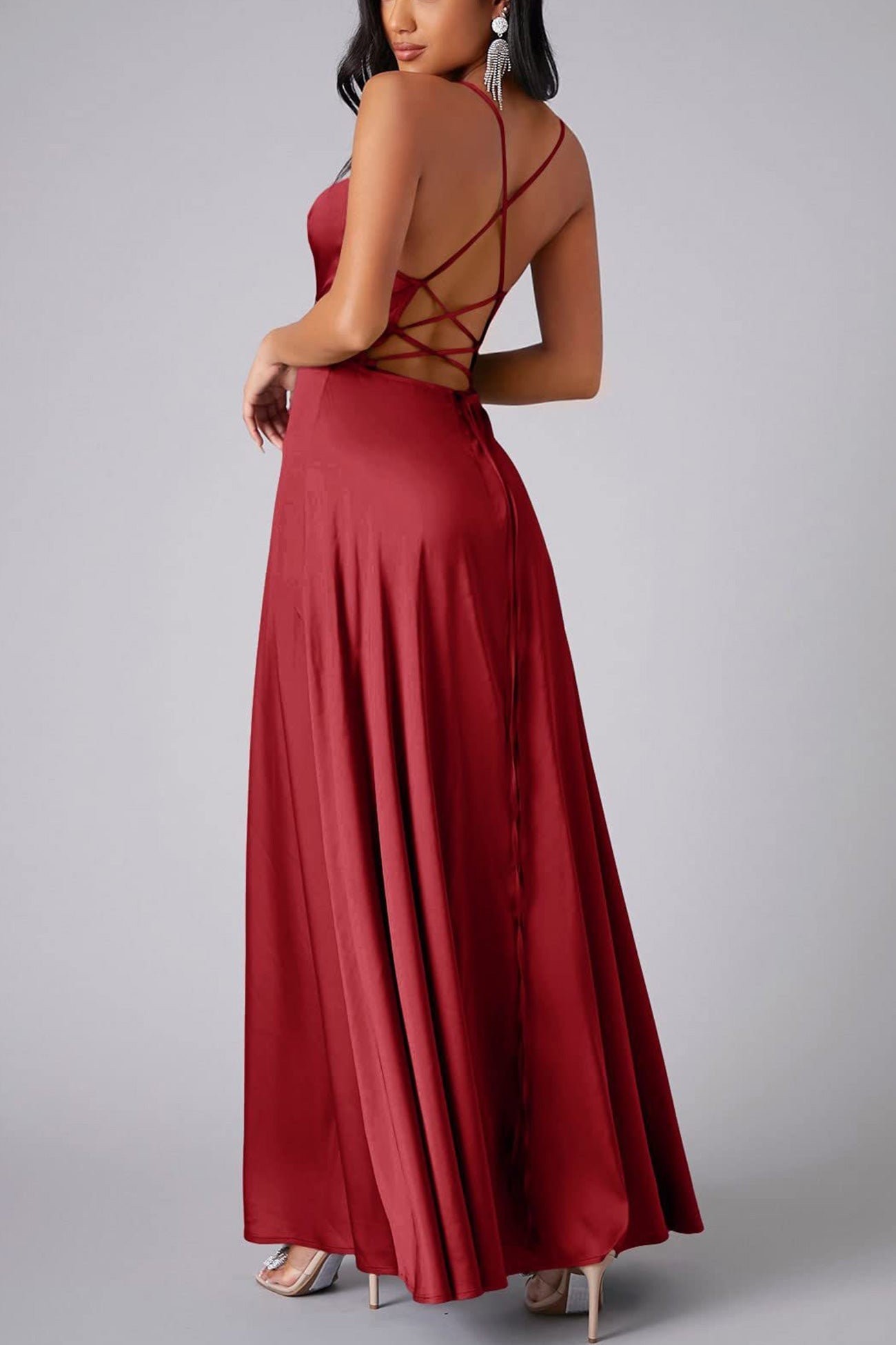 Dacelyn Satin Dress | Cowl Neck Spaghetti Strap Maxi Dress with Thigh-High Slit
