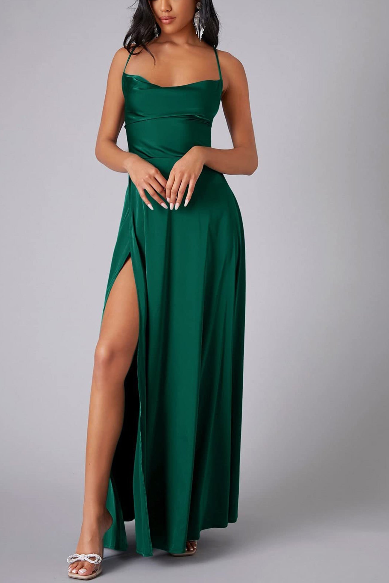 Dacelyn Satin Dress | Cowl Neck Spaghetti Strap Maxi Dress with Thigh-High Slit