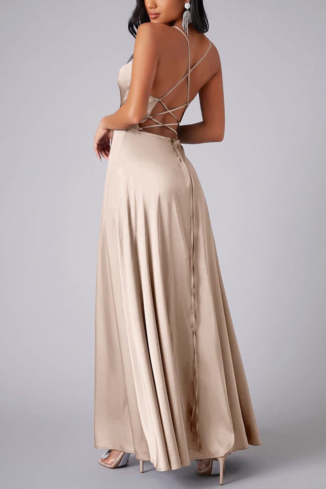 Dacelyn Satin Dress | Cowl Neck Spaghetti Strap Maxi Dress with Thigh-High Slit