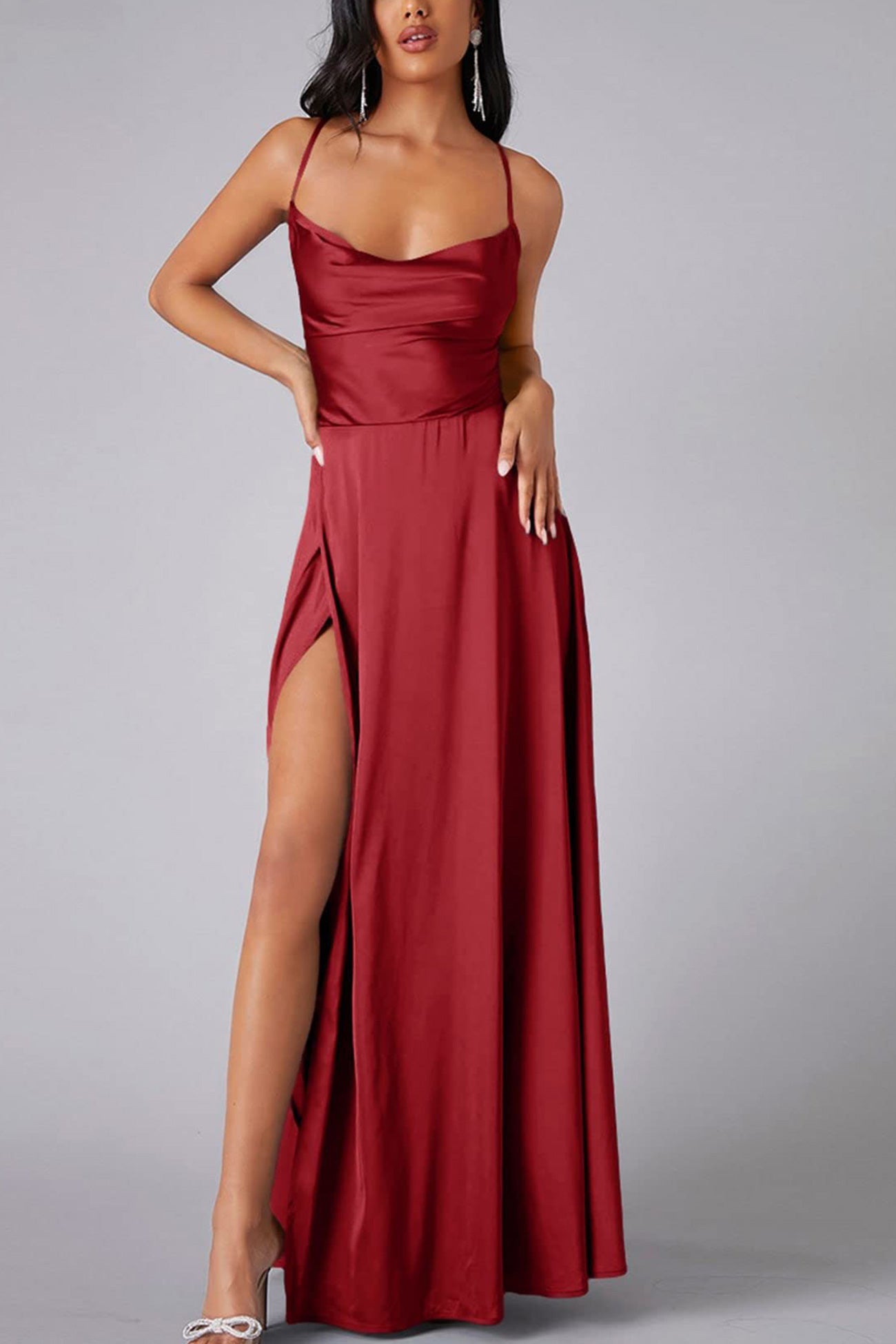 Dacelyn Satin Dress | Cowl Neck Spaghetti Strap Maxi Dress with Thigh-High Slit