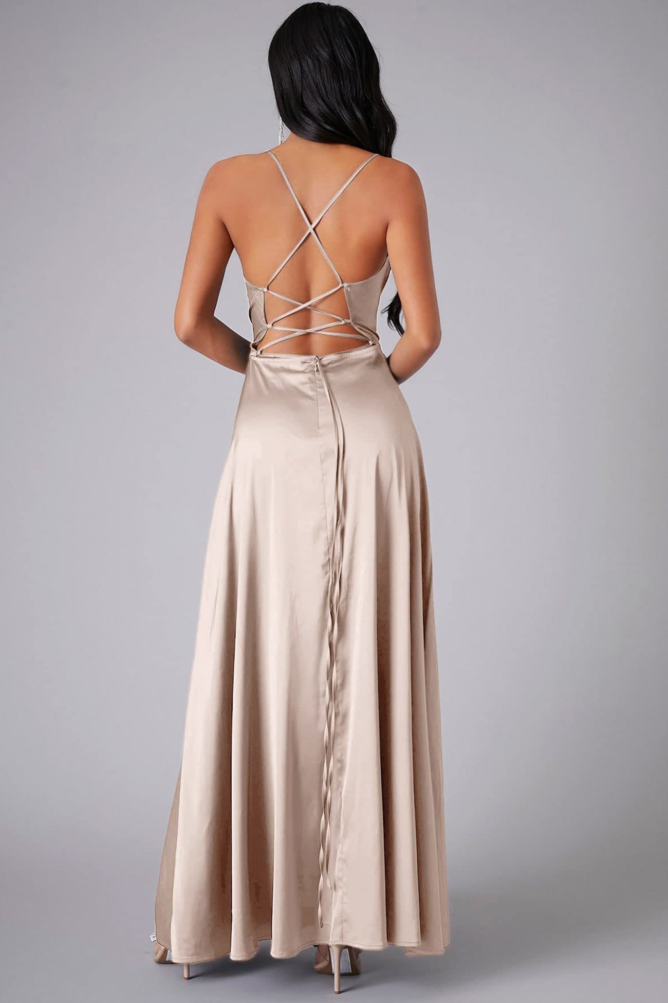 Dacelyn Satin Dress | Cowl Neck Spaghetti Strap Maxi Dress with Thigh-High Slit