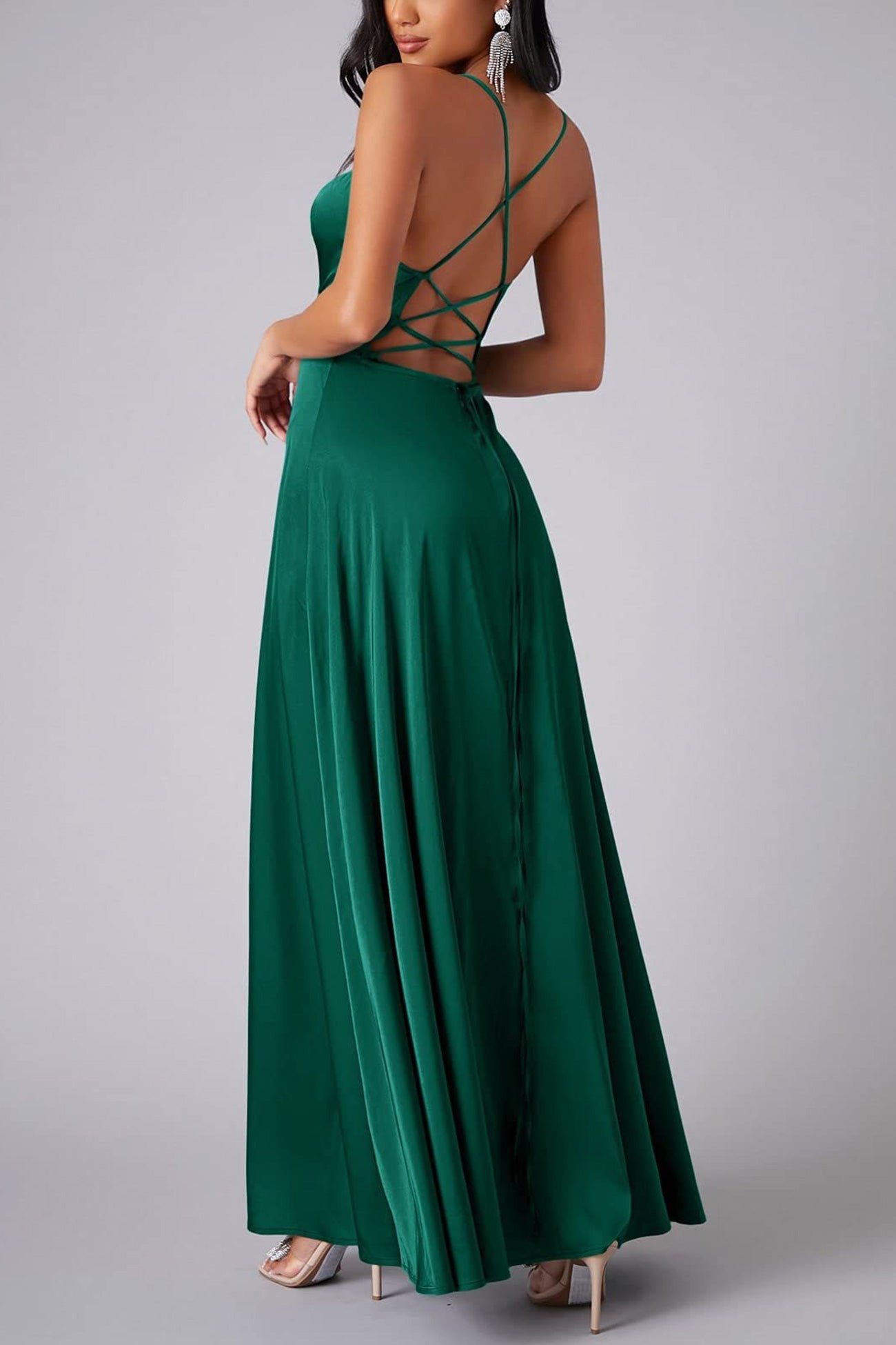 Dacelyn Satin Dress | Cowl Neck Spaghetti Strap Maxi Dress with Thigh-High Slit