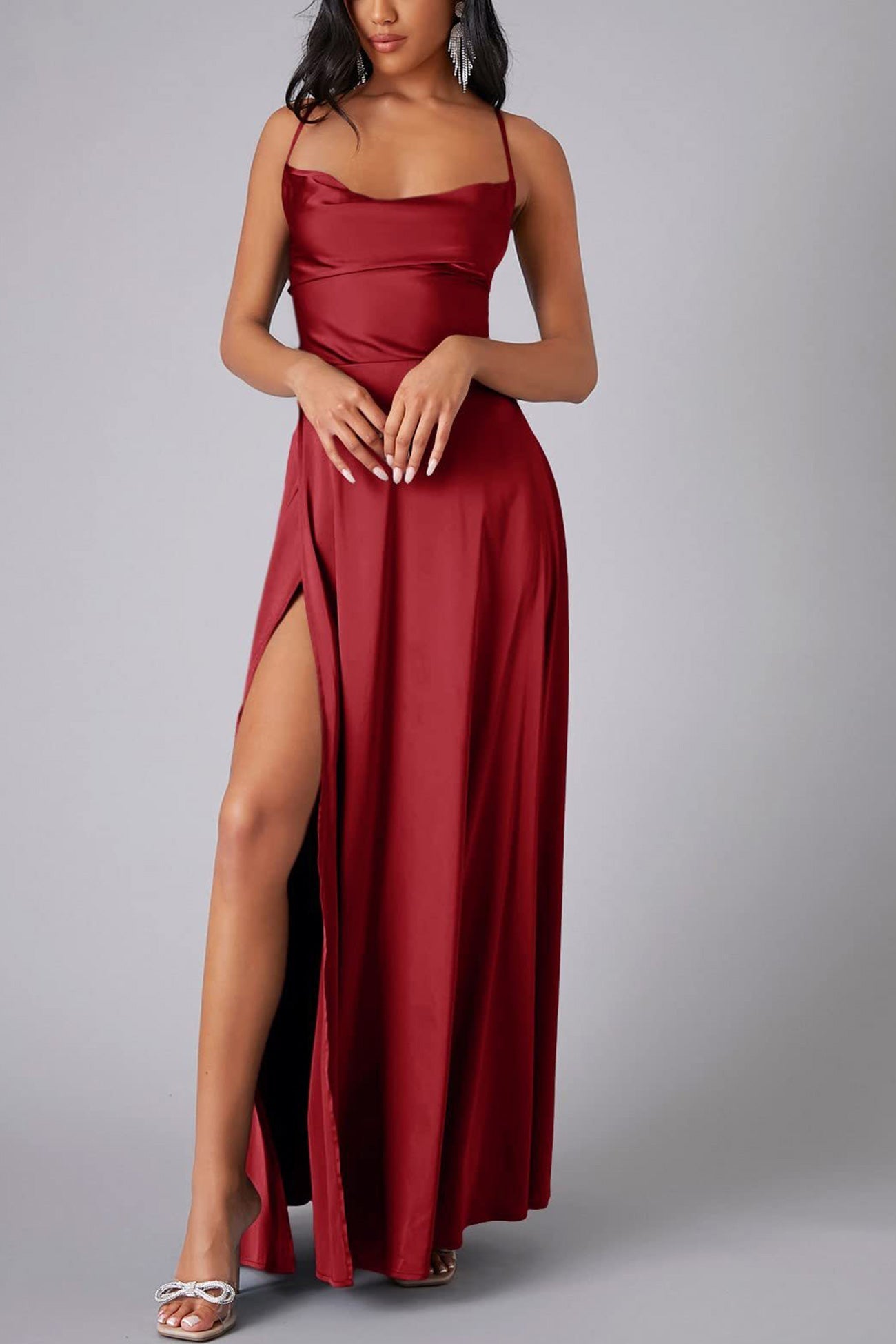 Dacelyn Satin Dress | Cowl Neck Spaghetti Strap Maxi Dress with Thigh-High Slit