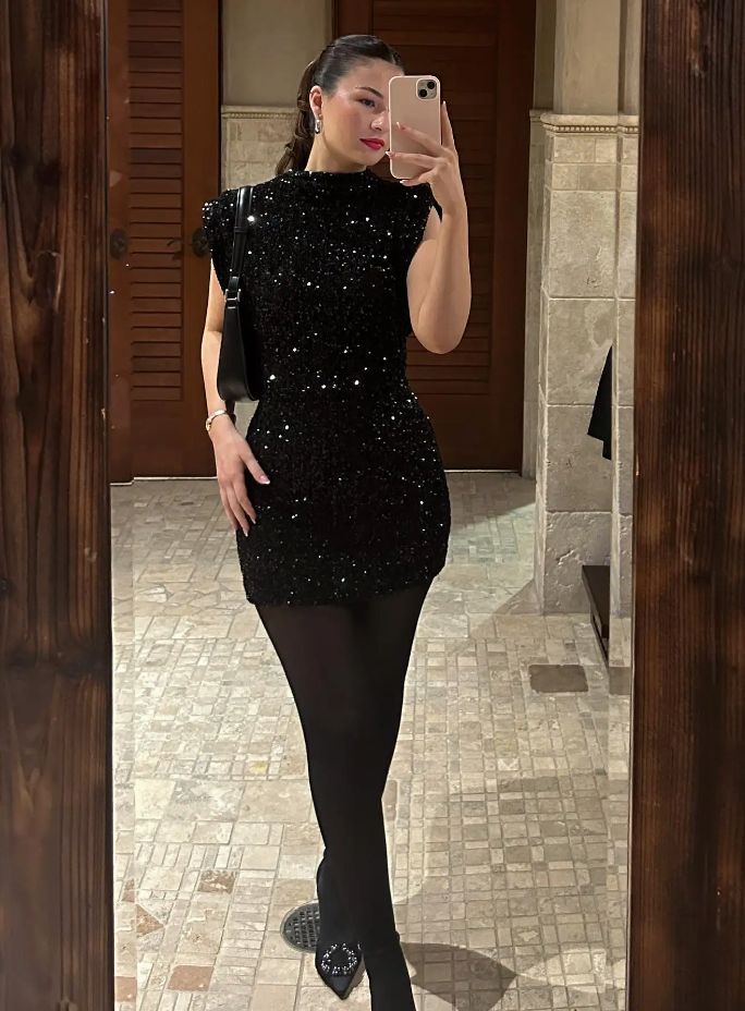 Cirayana Mini Dress | Black Sequin Shoulder-Padded Bodycon Party Dress