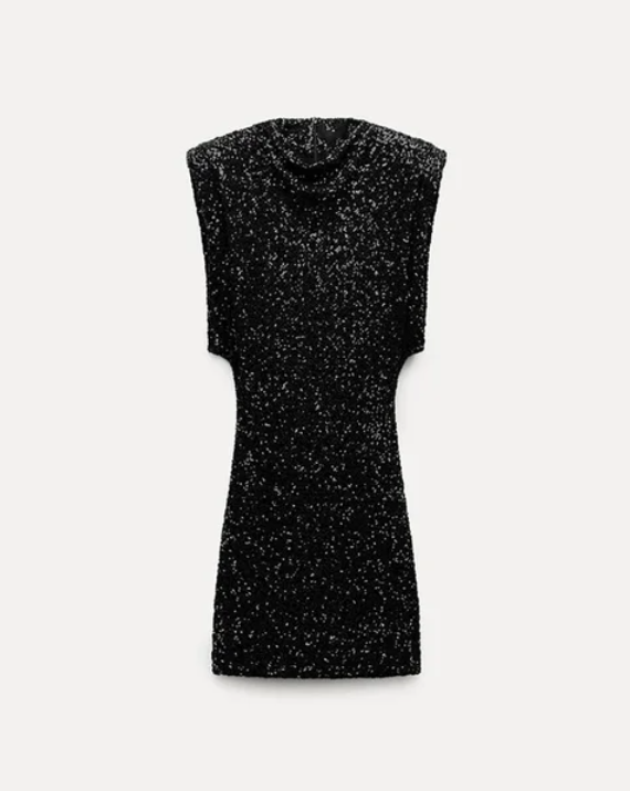 Cirayana Mini Dress | Black Sequin Shoulder-Padded Bodycon Party Dress