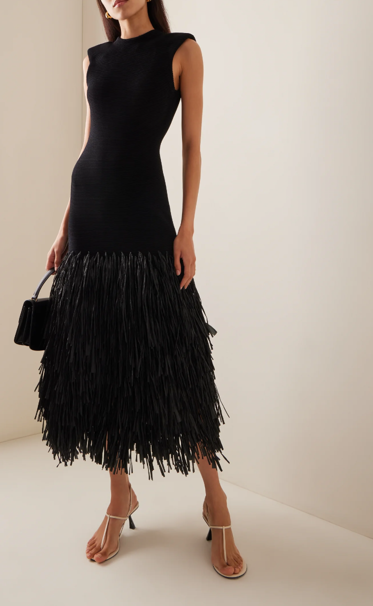 Caelith Midi Dress | Black Sleeveless Knit Dress with Fringe Hem