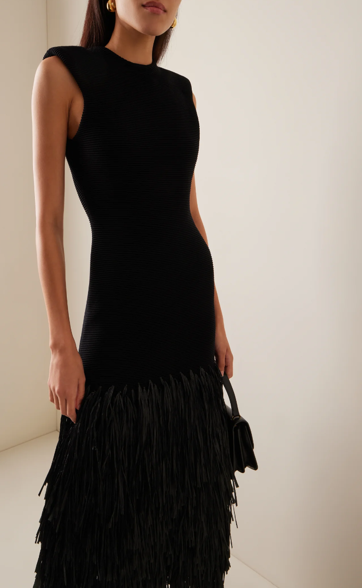 Caelith Midi Dress | Black Sleeveless Knit Dress with Fringe Hem