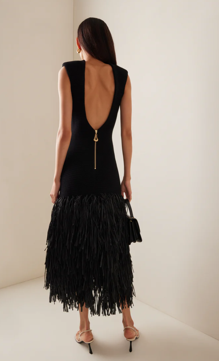 Caelith Midi Dress | Black Sleeveless Knit Dress with Fringe Hem