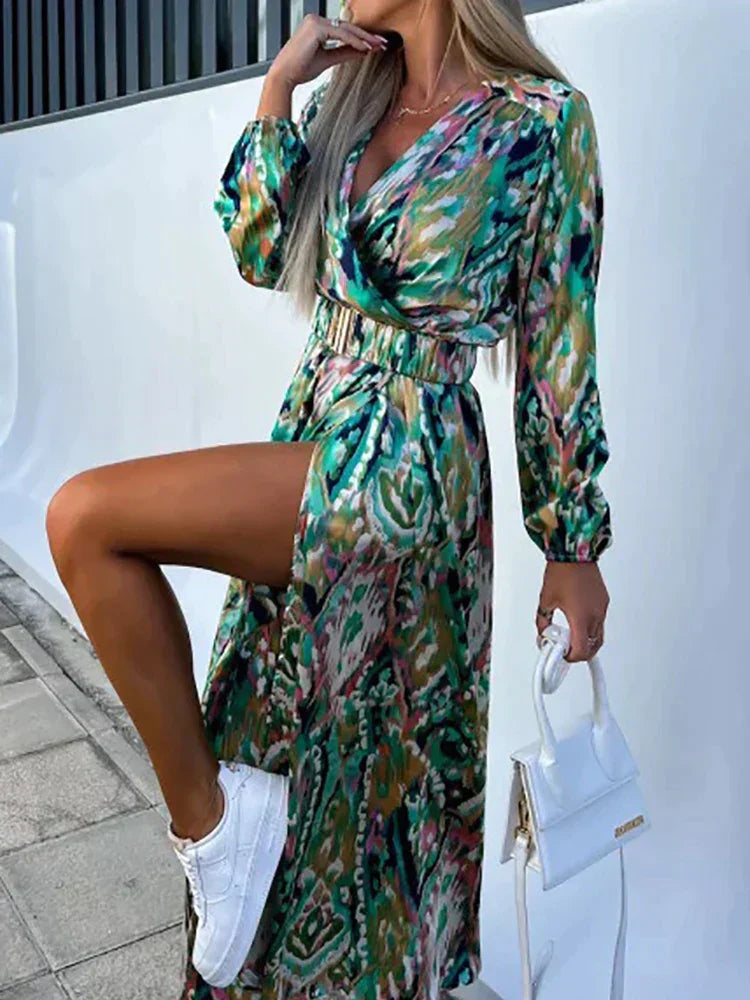 Beloura Evening Dress | Elegant High-Slit Dress with Waist Belt for Women