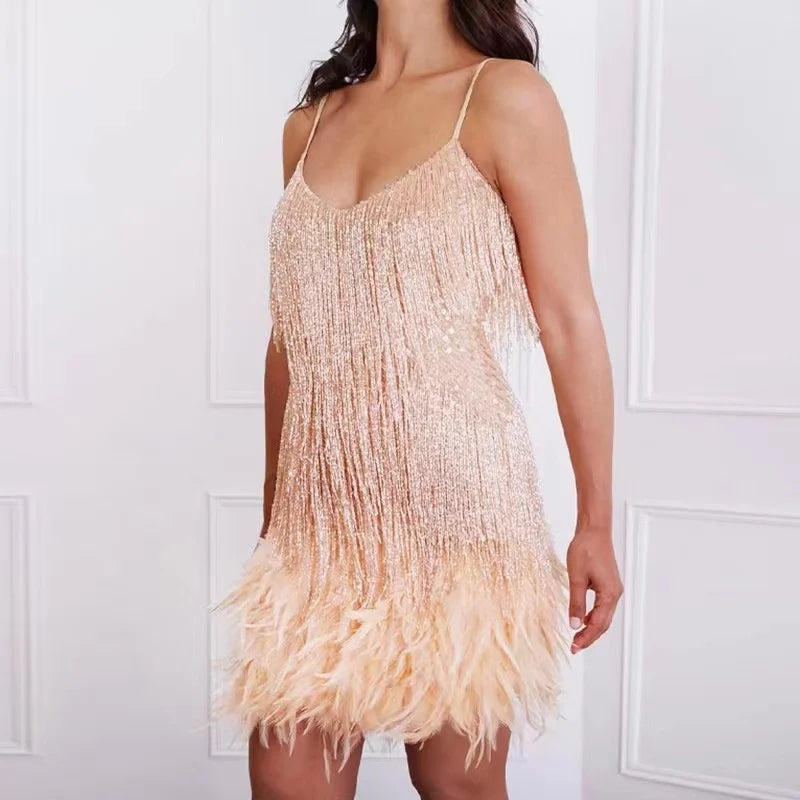 Catrinae Mini Dress | Gold Fringe and Feather Mini Party Dress with Spaghetti Straps